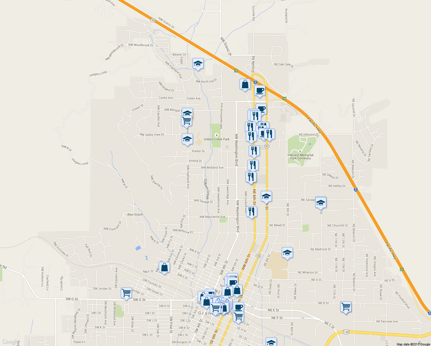 map of restaurants, bars, coffee shops, grocery stores, and more near 1434 Northwest Hawthorne Avenue in Grants Pass