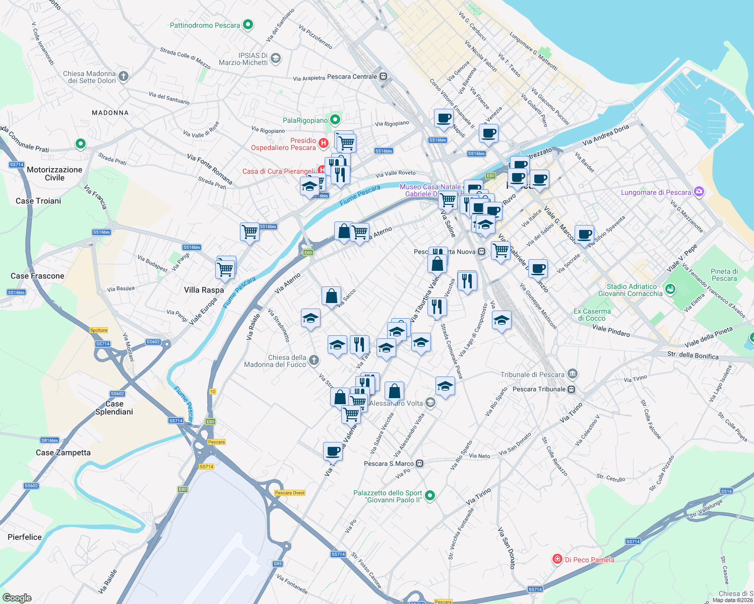 map of restaurants, bars, coffee shops, grocery stores, and more near 4 Via Orta in Pescara