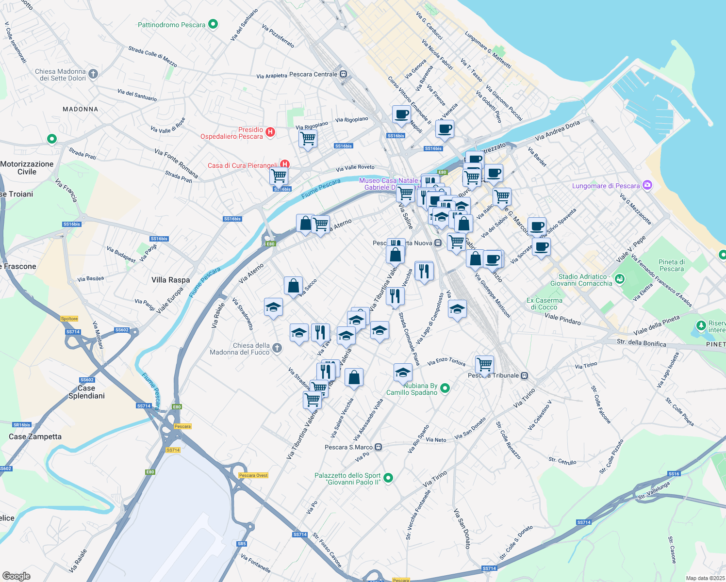 map of restaurants, bars, coffee shops, grocery stores, and more near 15 Via Vezzola in Pescara