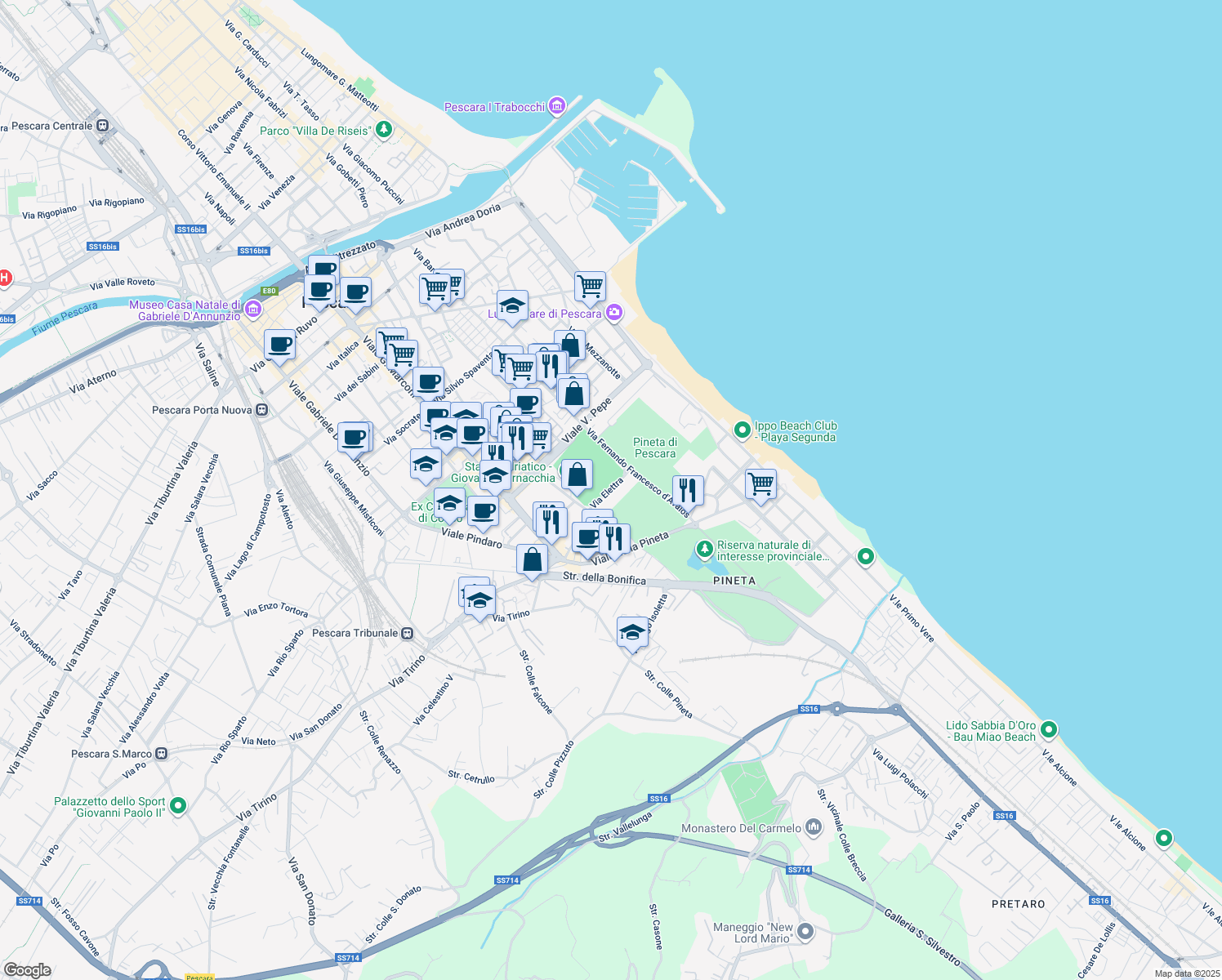 map of restaurants, bars, coffee shops, grocery stores, and more near 200 Via Fernando Francesco d'Avalos in Pescara