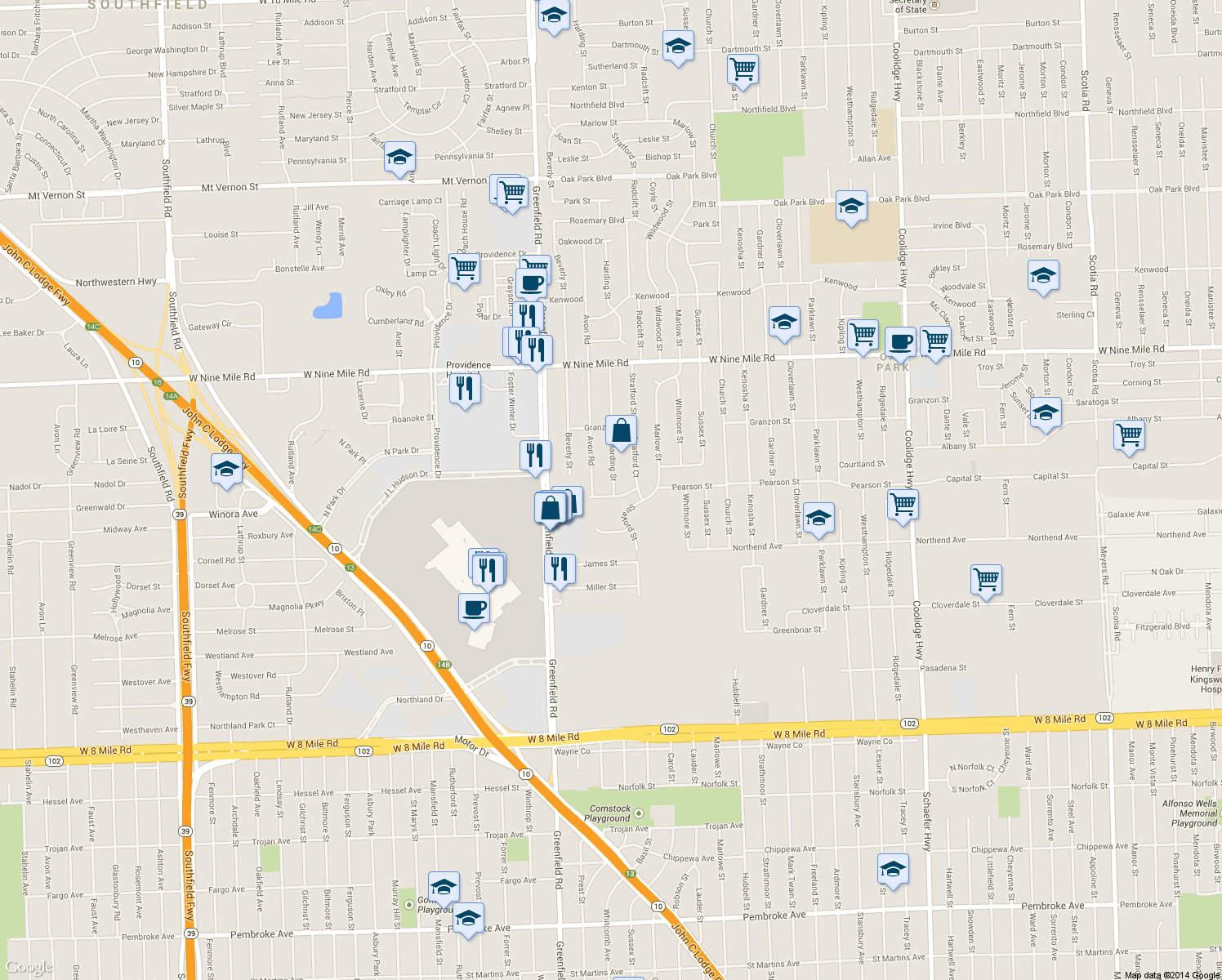 map of restaurants, bars, coffee shops, grocery stores, and more near 15200 Pearson Street in Oak Park