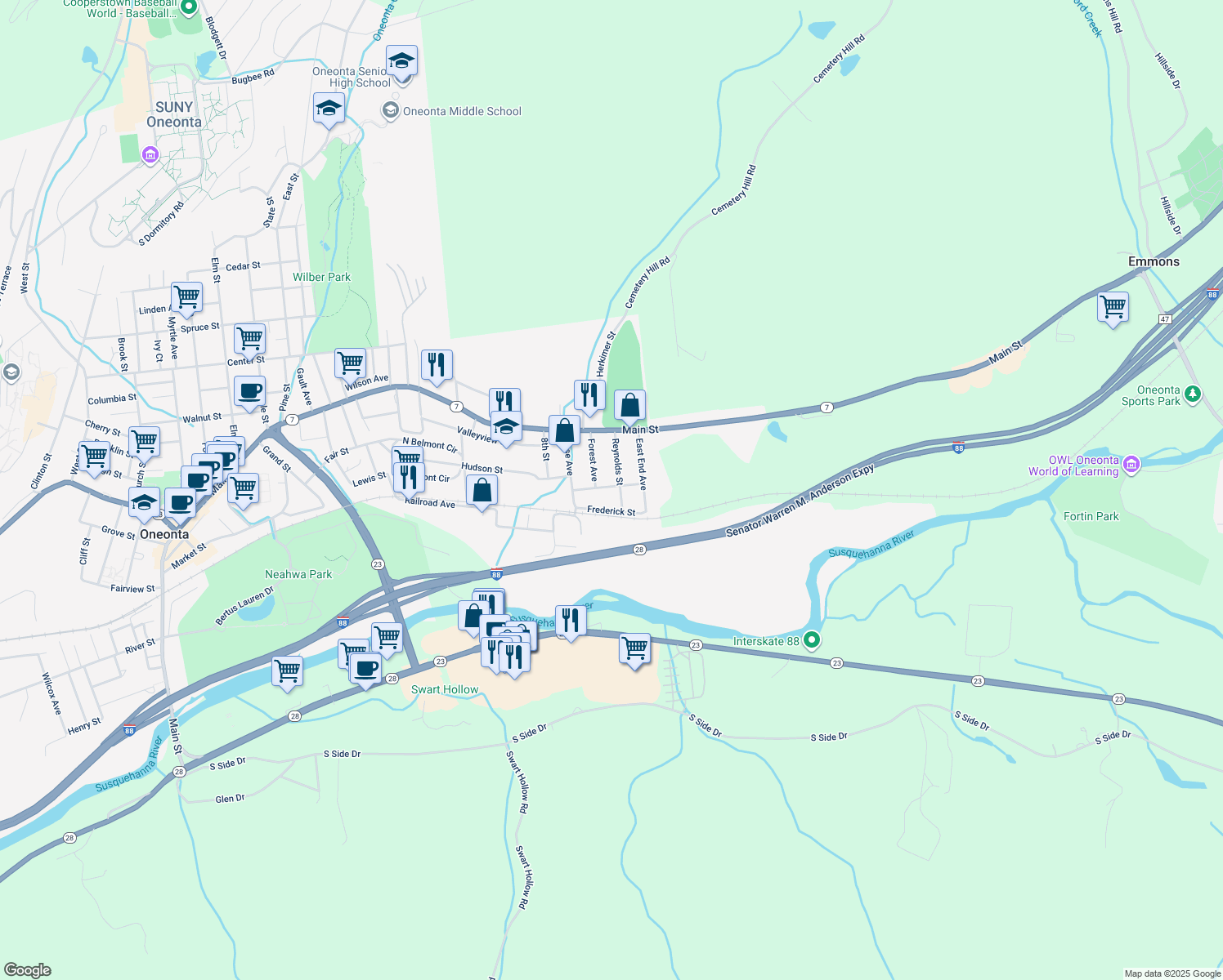 map of restaurants, bars, coffee shops, grocery stores, and more near 18 Chester St in Oneonta
