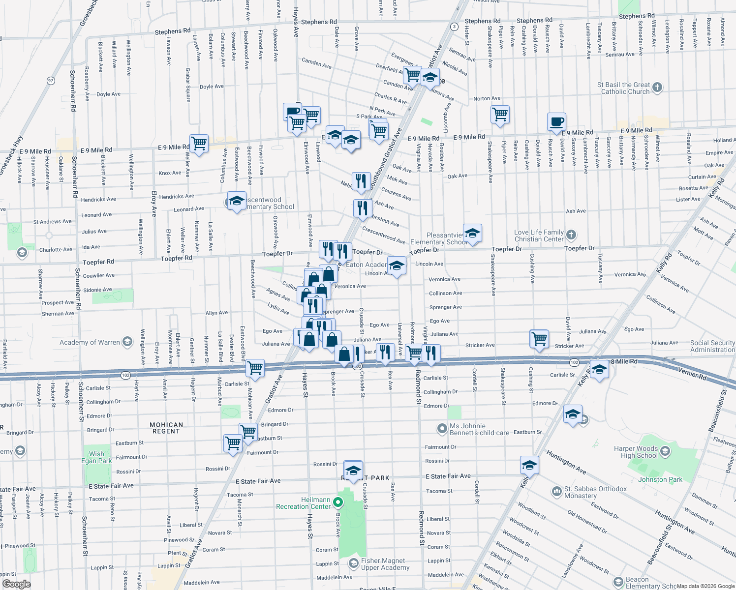 map of restaurants, bars, coffee shops, grocery stores, and more near 15525 Collinson Ave in Eastpointe