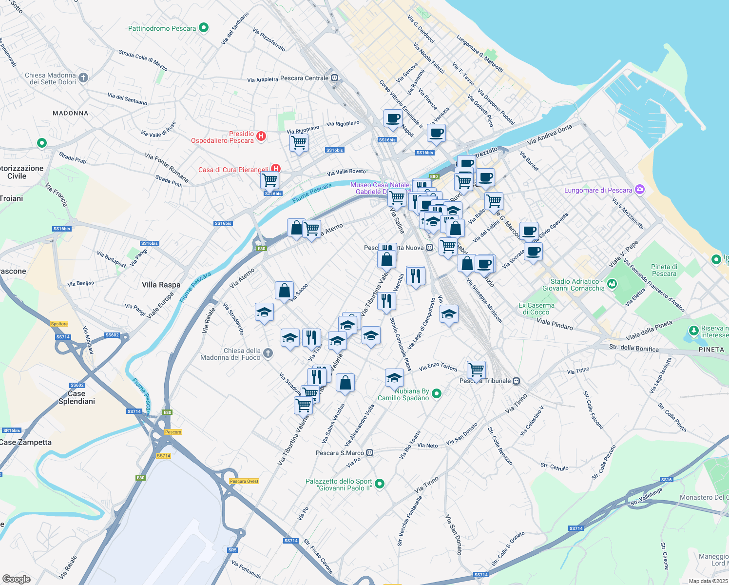 map of restaurants, bars, coffee shops, grocery stores, and more near 15 Via Vezzola in Pescara