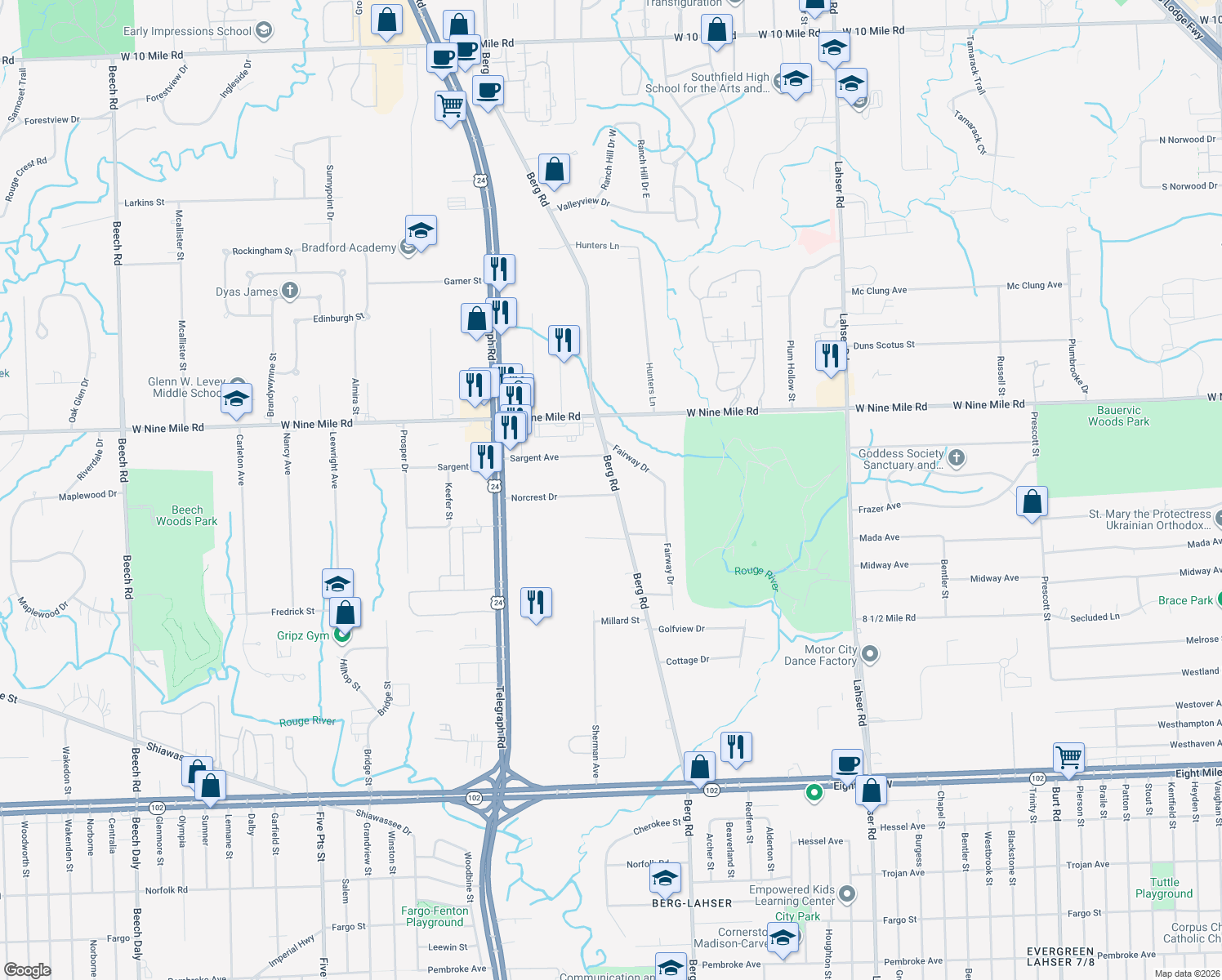 map of restaurants, bars, coffee shops, grocery stores, and more near 23586 Norcrest Dr in Southfield