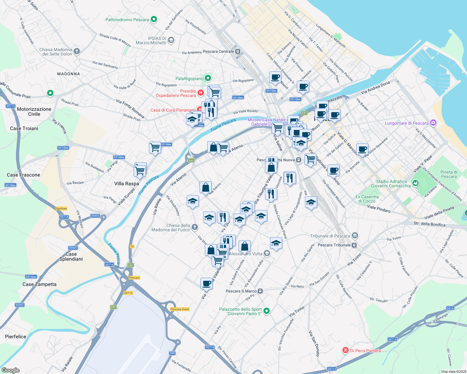 map of restaurants, bars, coffee shops, grocery stores, and more near 4 Via Orta in Pescara