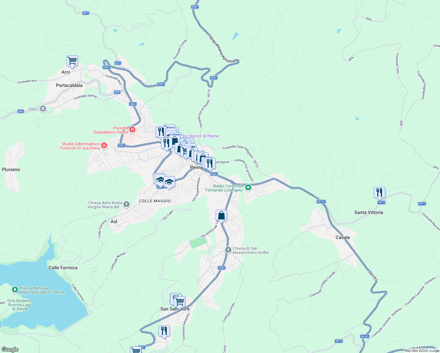 map of restaurants, bars, coffee shops, grocery stores, and more near 29-43 Via S. Spirito in Penne