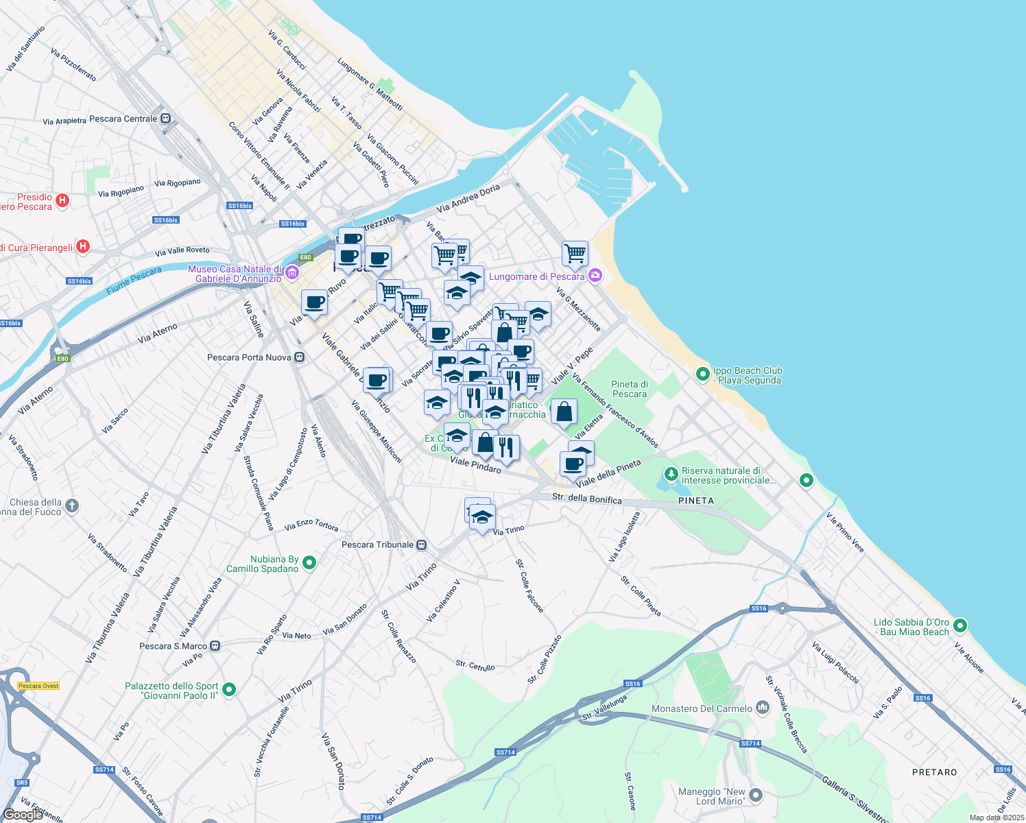 map of restaurants, bars, coffee shops, grocery stores, and more near 15 Viale Vittorio Pepe in Pescara