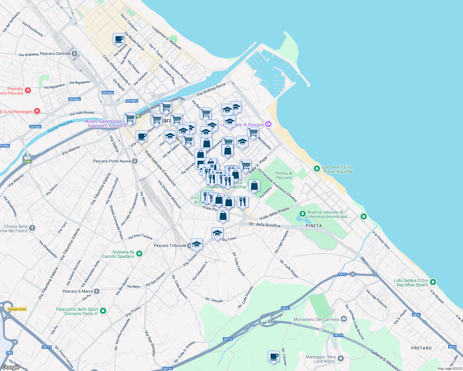 map of restaurants, bars, coffee shops, grocery stores, and more near 304 Viale Guglielmo Marconi in Pescara