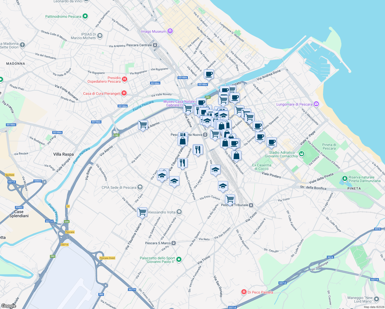 map of restaurants, bars, coffee shops, grocery stores, and more near Via Ciglia Cetteo in Pescara
