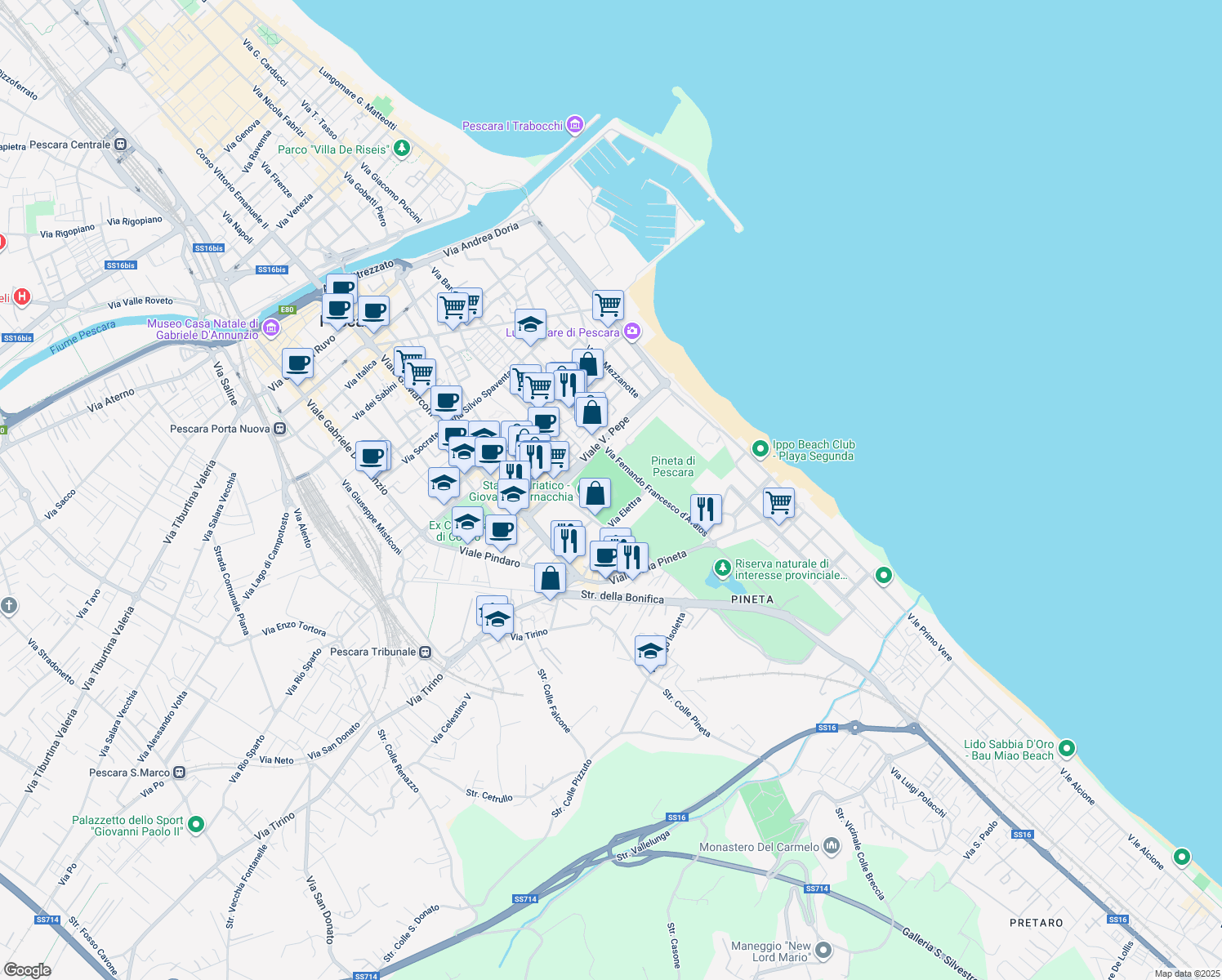 map of restaurants, bars, coffee shops, grocery stores, and more near 200 Via Fernando Francesco d'Avalos in Pescara