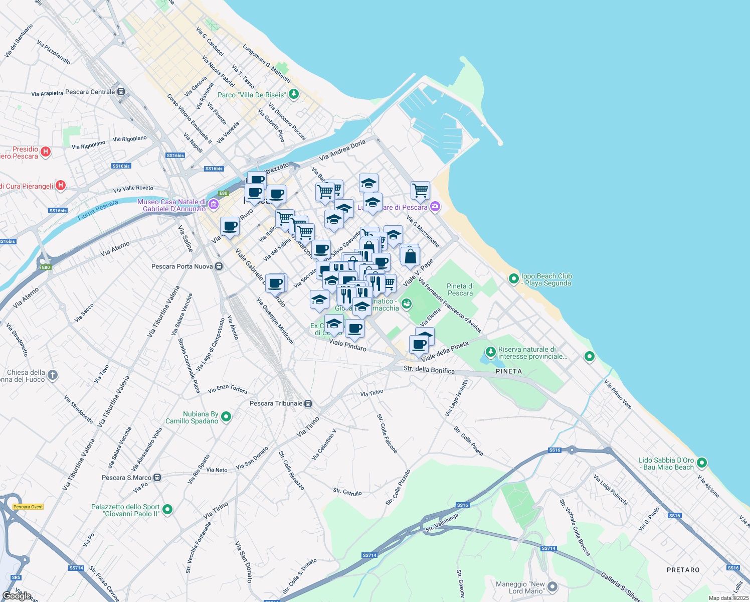 map of restaurants, bars, coffee shops, grocery stores, and more near 64 Via Alessandro Valignani in Pescara