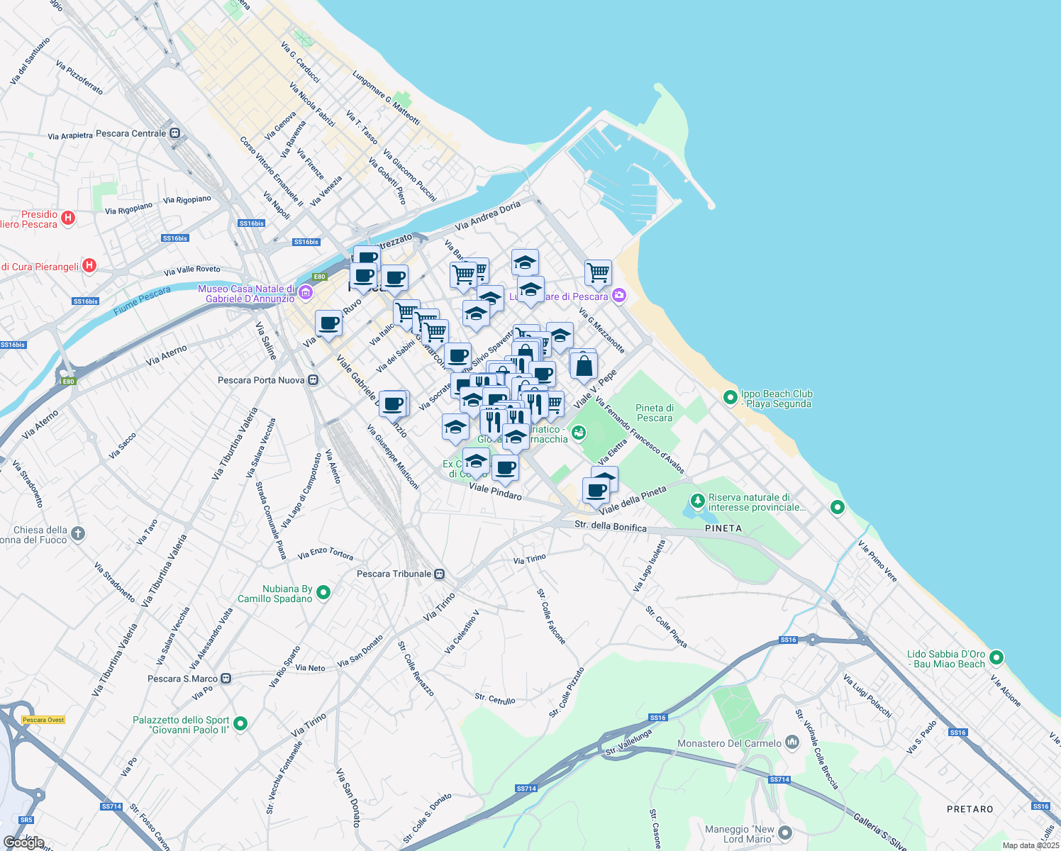 map of restaurants, bars, coffee shops, grocery stores, and more near 64 Via Alessandro Valignani in Pescara