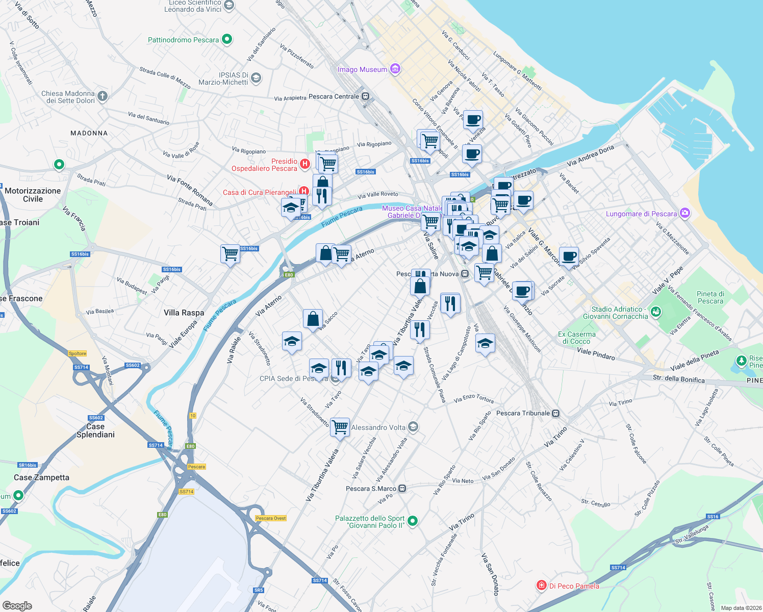 map of restaurants, bars, coffee shops, grocery stores, and more near Via Tona in Pescara