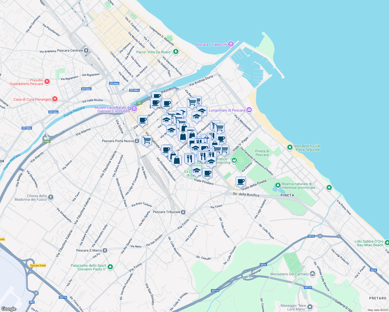 map of restaurants, bars, coffee shops, grocery stores, and more near 224/7 Viale Guglielmo Marconi in Pescara