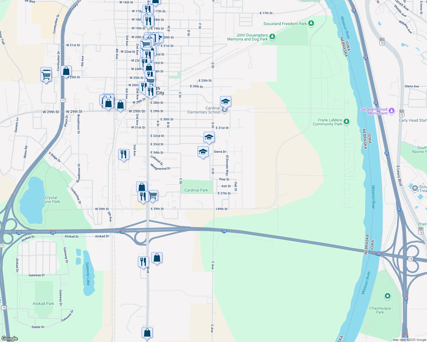map of restaurants, bars, coffee shops, grocery stores, and more near 801 El Paso Drive in South Sioux City