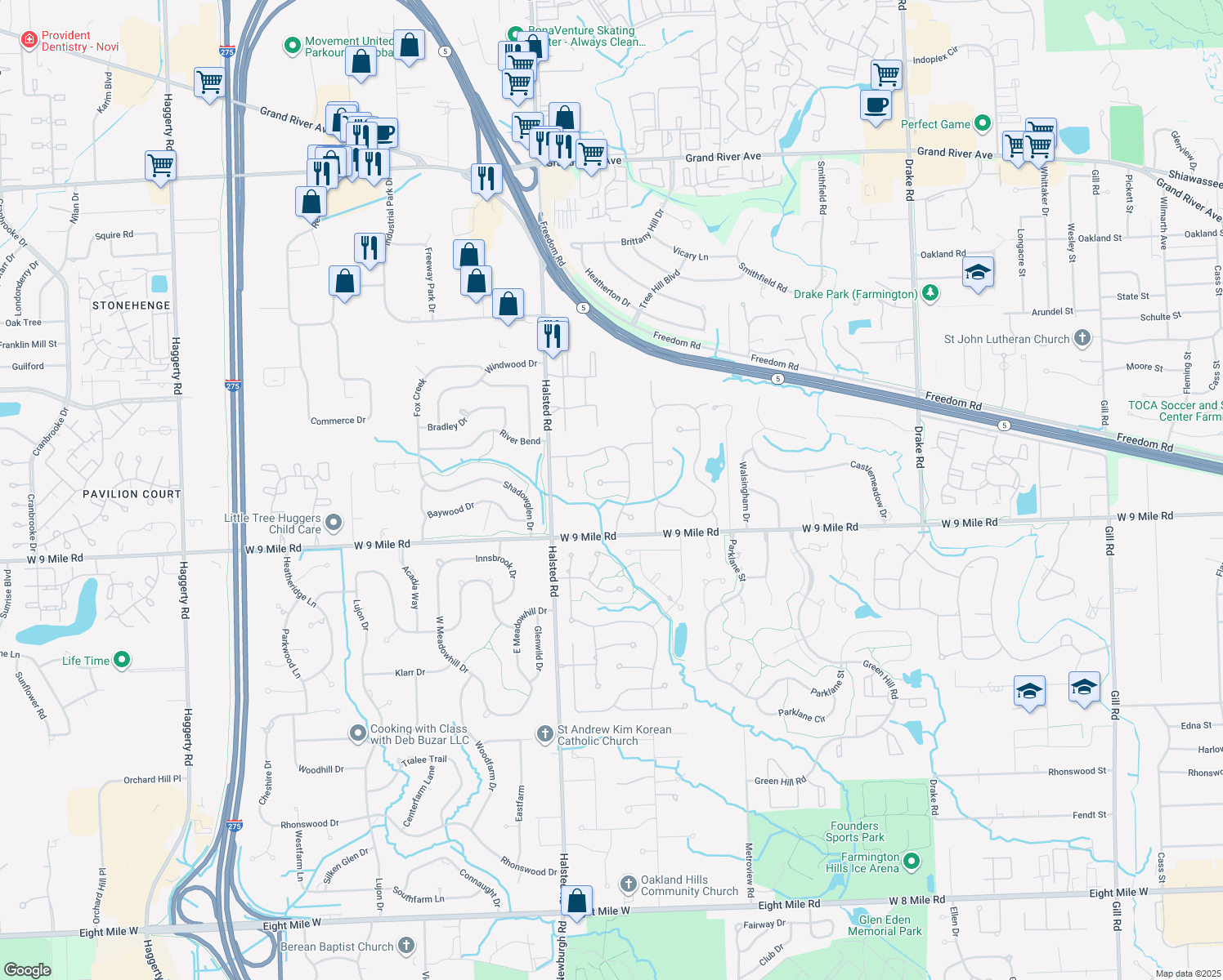 map of restaurants, bars, coffee shops, grocery stores, and more near 36967 Carla Court in Farmington Hills
