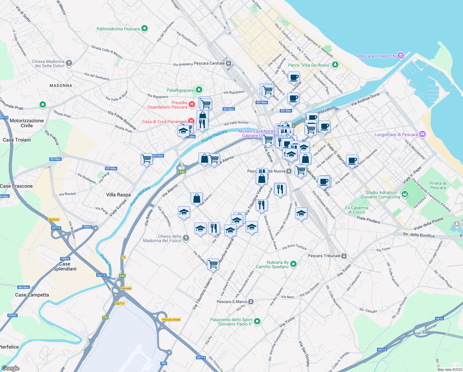 map of restaurants, bars, coffee shops, grocery stores, and more near Via Tona in Pescara