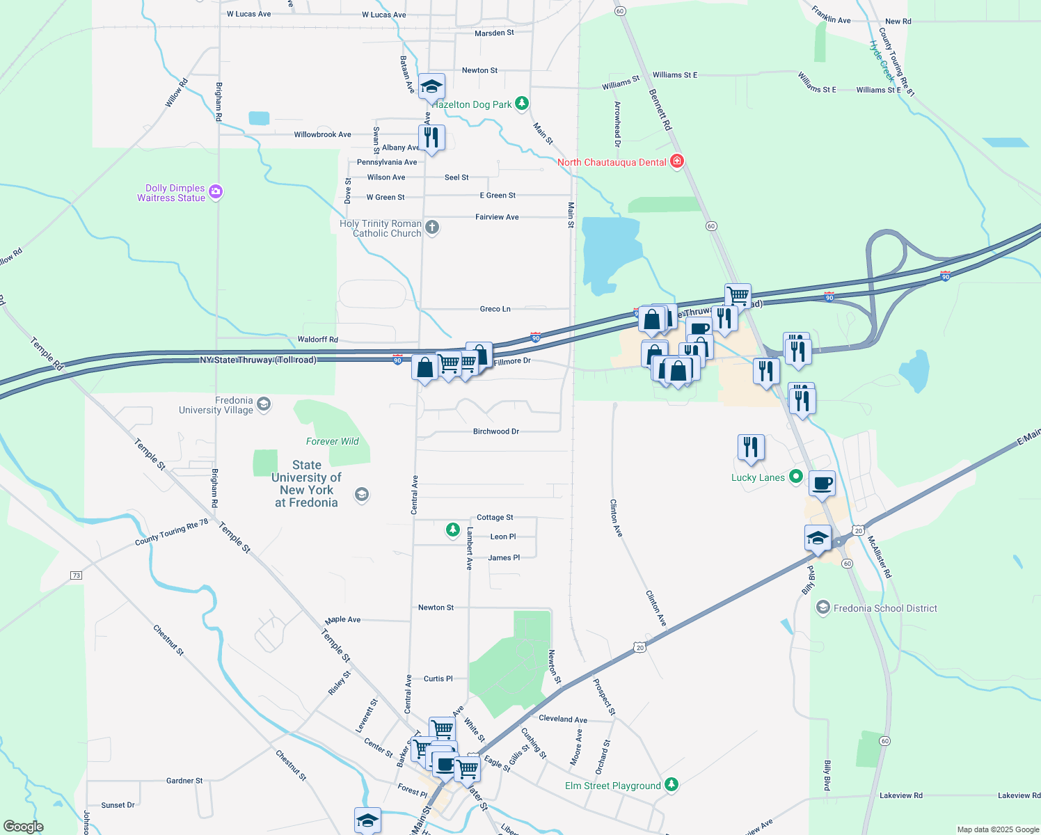 map of restaurants, bars, coffee shops, grocery stores, and more near 28 Middlesex Dr in Fredonia