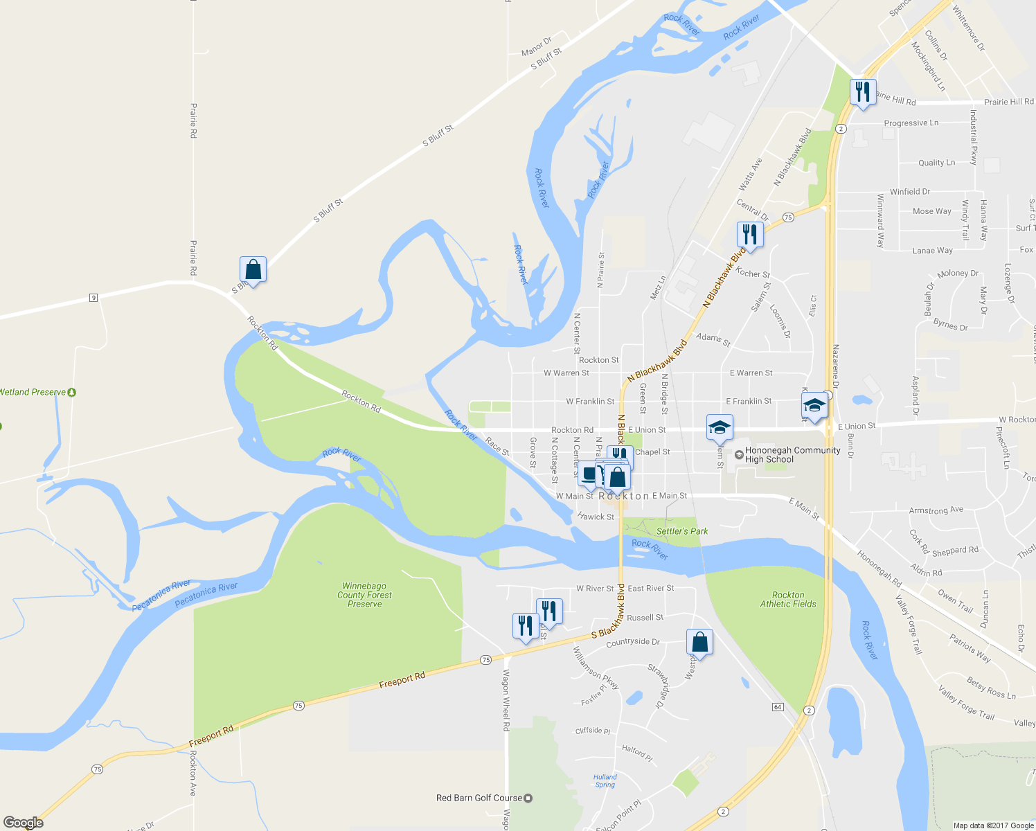 map of restaurants, bars, coffee shops, grocery stores, and more near 419 West Street in Rockton