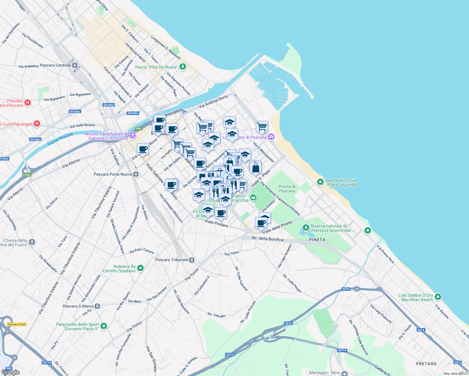 map of restaurants, bars, coffee shops, grocery stores, and more near 64 Via Alessandro Valignani in Pescara