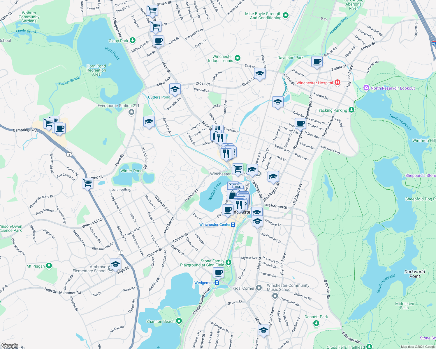 map of restaurants, bars, coffee shops, grocery stores, and more near 40 Lake Street in Winchester