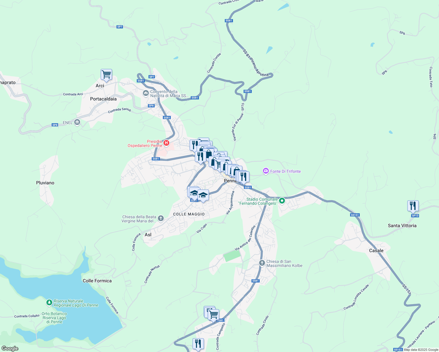 map of restaurants, bars, coffee shops, grocery stores, and more near Strada Statale 81 in Penne