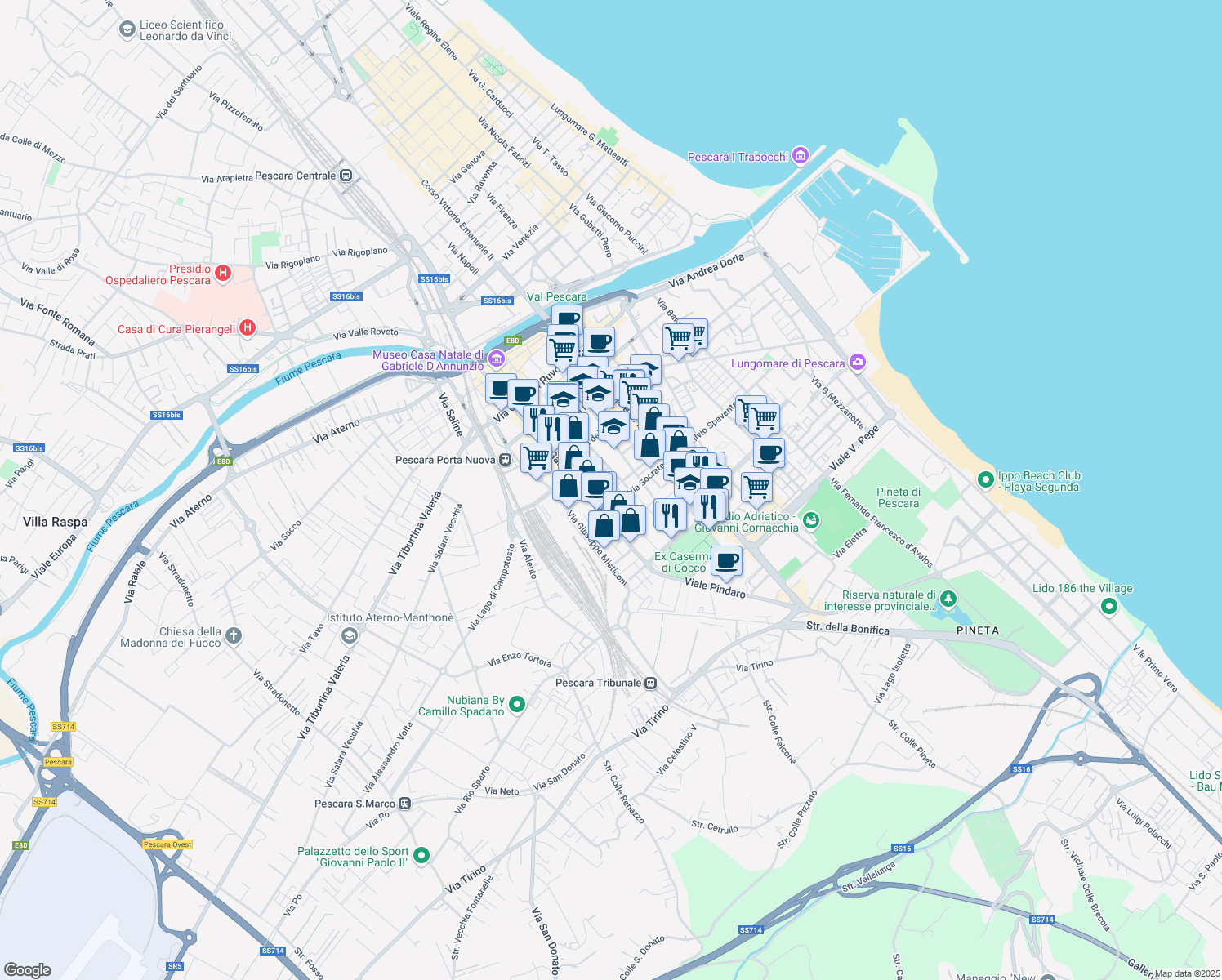 map of restaurants, bars, coffee shops, grocery stores, and more near 16 Via dei Teatini in Pescara