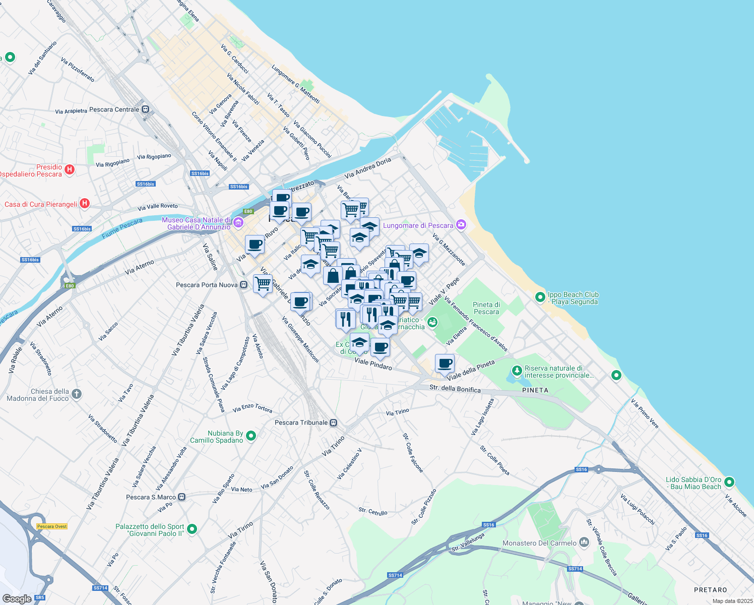 map of restaurants, bars, coffee shops, grocery stores, and more near 262 Viale Guglielmo Marconi in Pescara