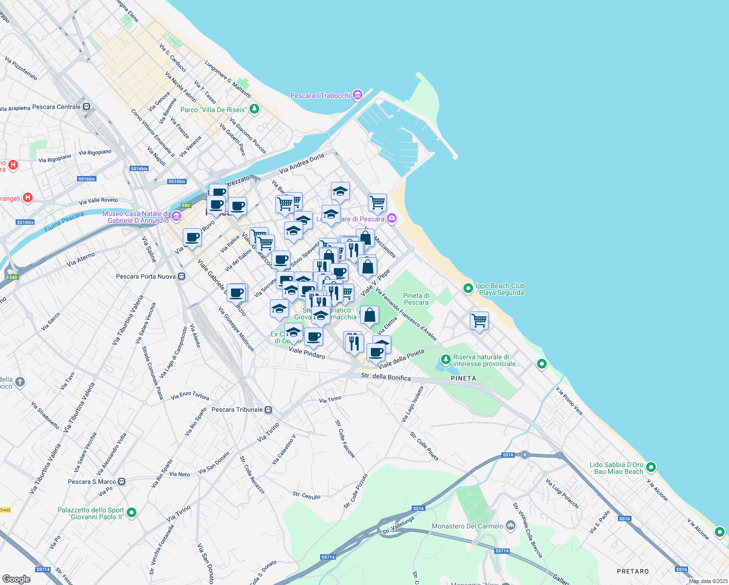 map of restaurants, bars, coffee shops, grocery stores, and more near 95 Viale Pepe in Pescara