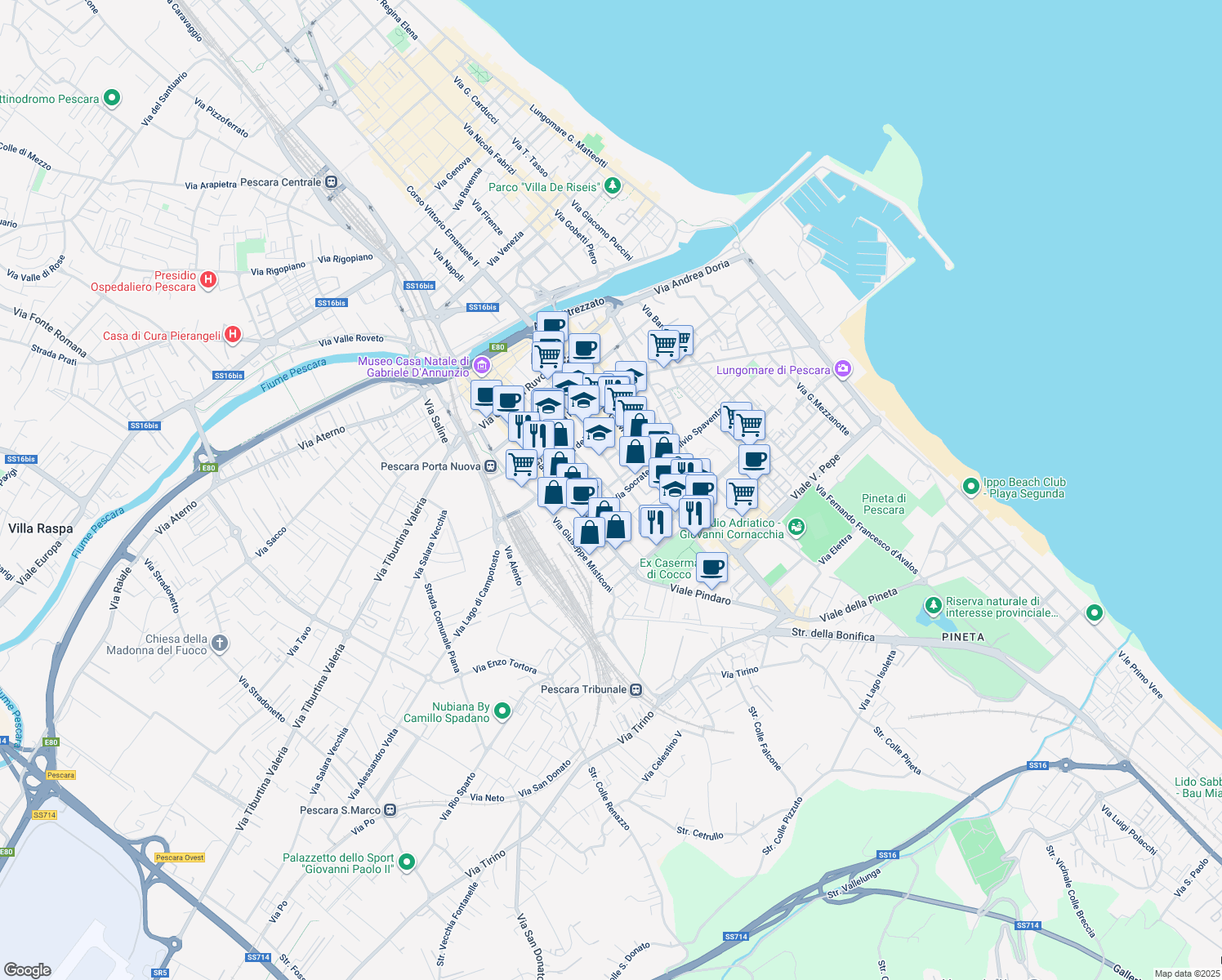 map of restaurants, bars, coffee shops, grocery stores, and more near 16 Via dei Teatini in Pescara