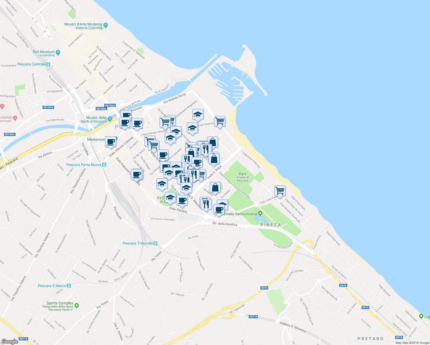 map of restaurants, bars, coffee shops, grocery stores, and more near 95 Viale V. Pepe in Pescara
