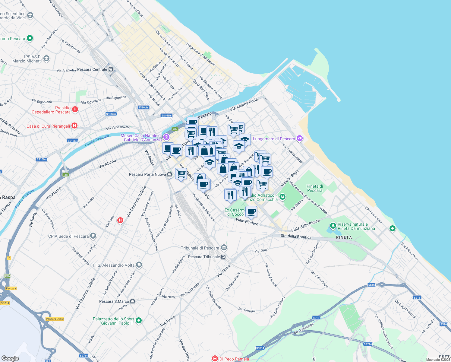 map of restaurants, bars, coffee shops, grocery stores, and more near 184 Viale Guglielmo Marconi in Pescara