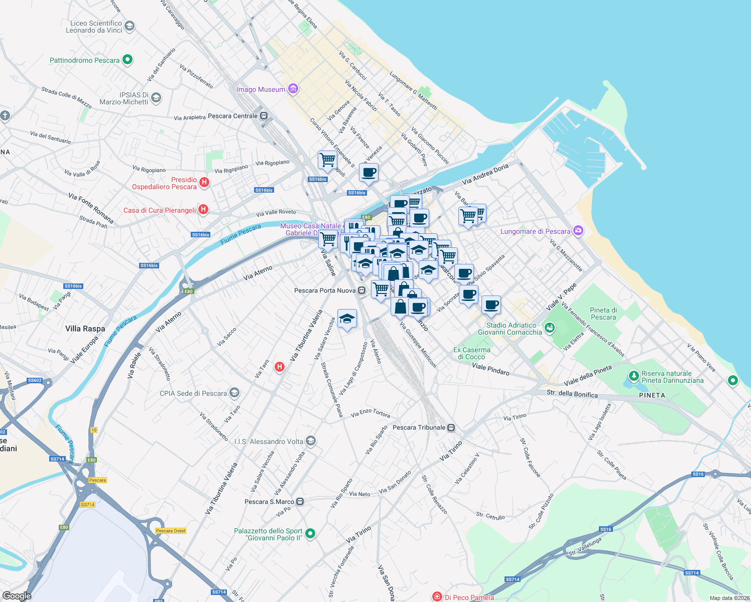 map of restaurants, bars, coffee shops, grocery stores, and more near Via Italica in Pescara