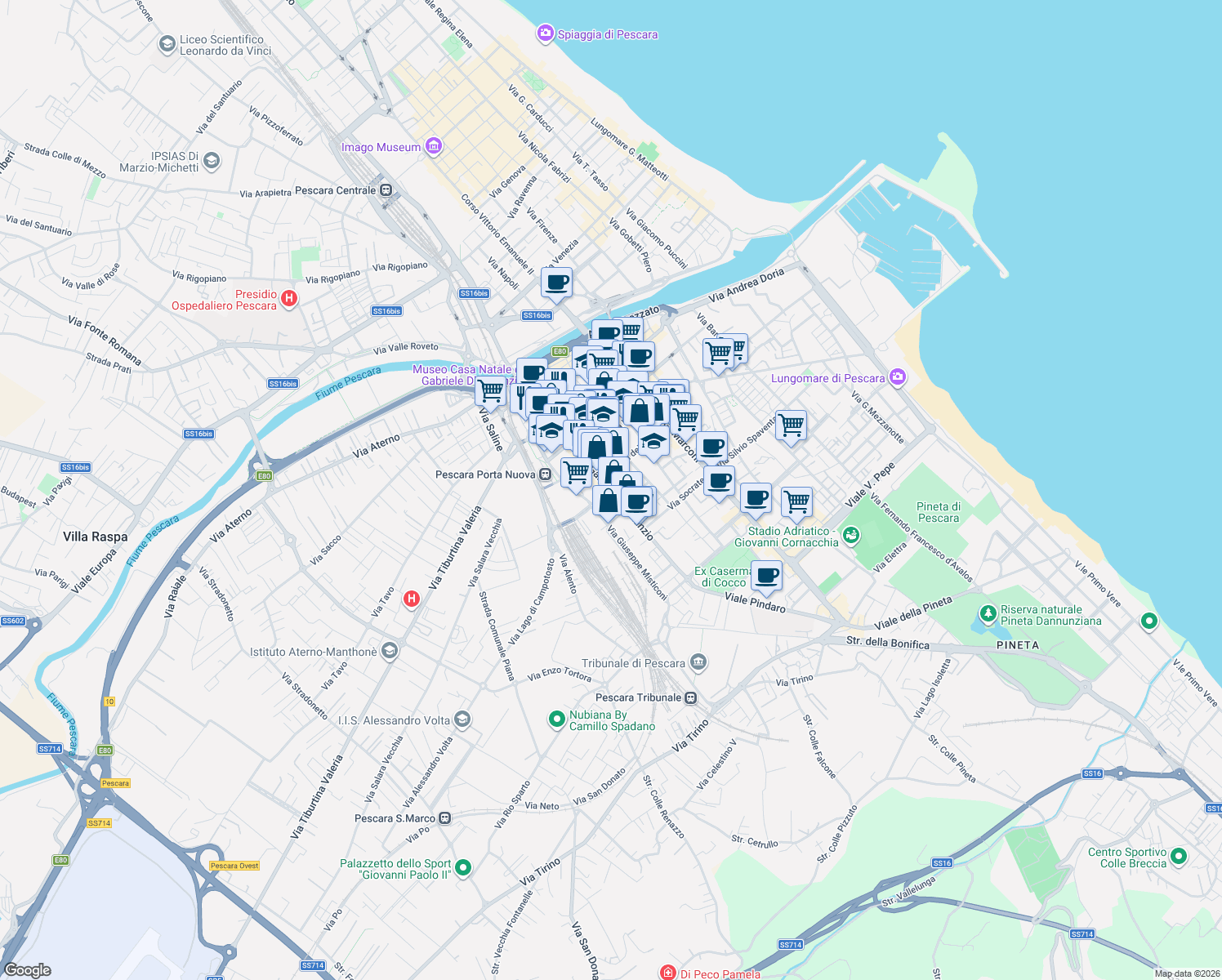 map of restaurants, bars, coffee shops, grocery stores, and more near 164 Viale Gabriele D'Annunzio in Pescara