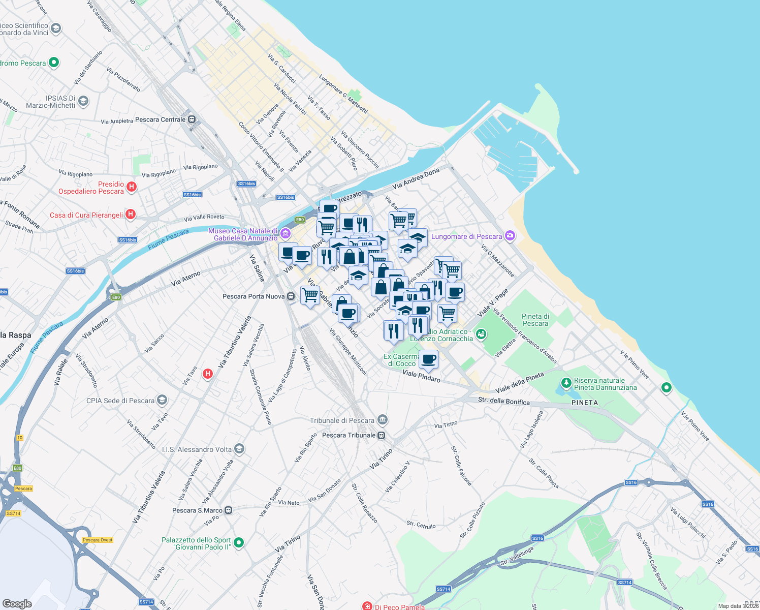 map of restaurants, bars, coffee shops, grocery stores, and more near 184 Viale Guglielmo Marconi in Pescara