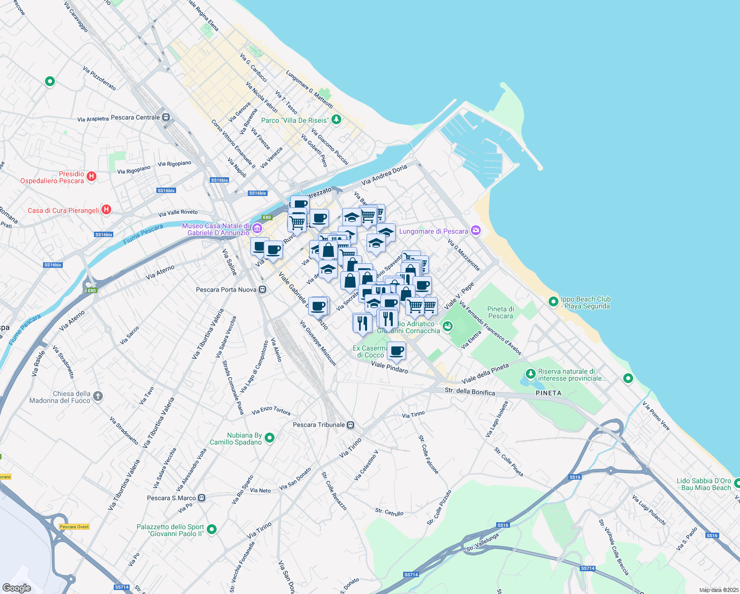 map of restaurants, bars, coffee shops, grocery stores, and more near 229 Viale G. Marconi in Pescara