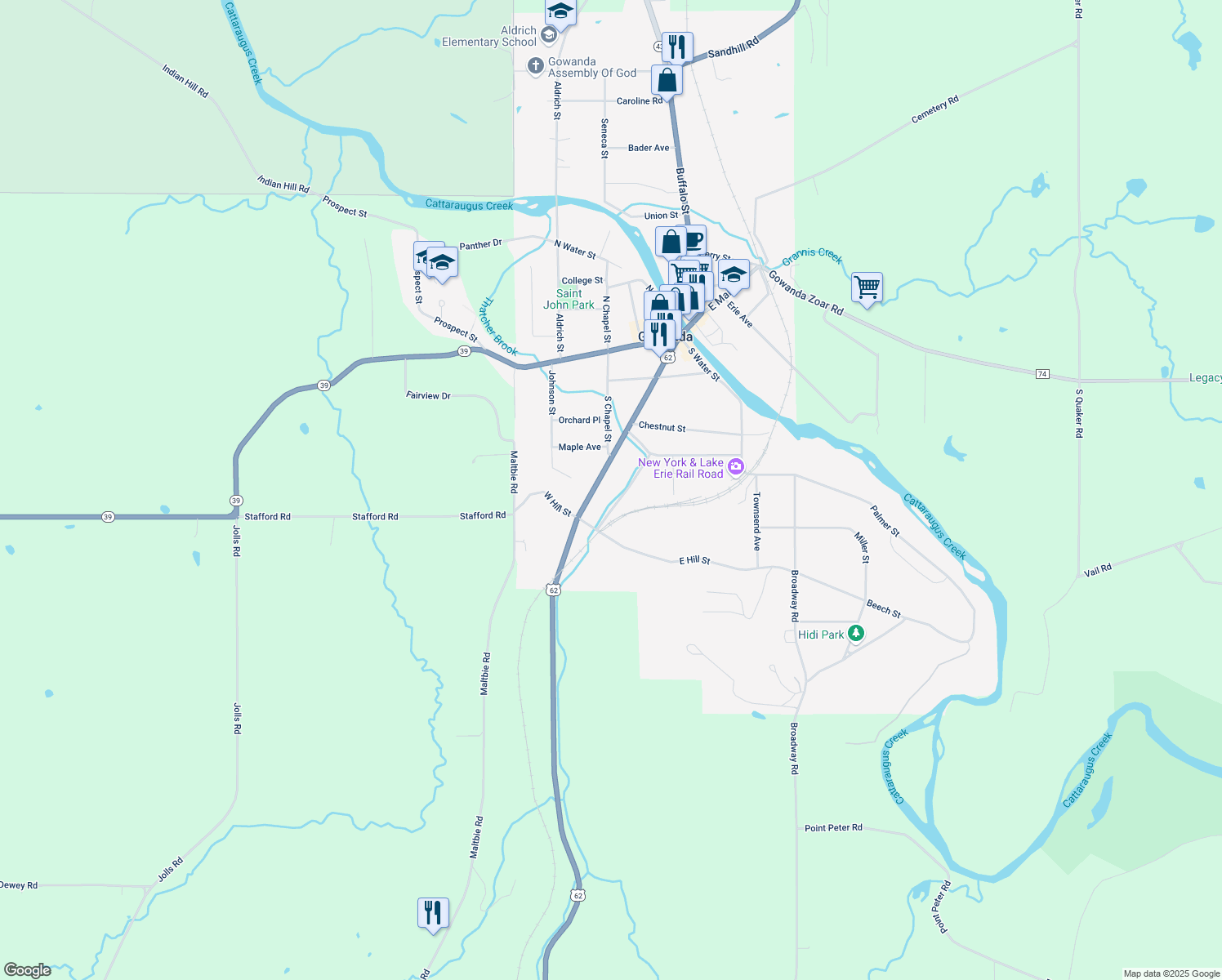 map of restaurants, bars, coffee shops, grocery stores, and more near 218 Jamestown Street in Gowanda