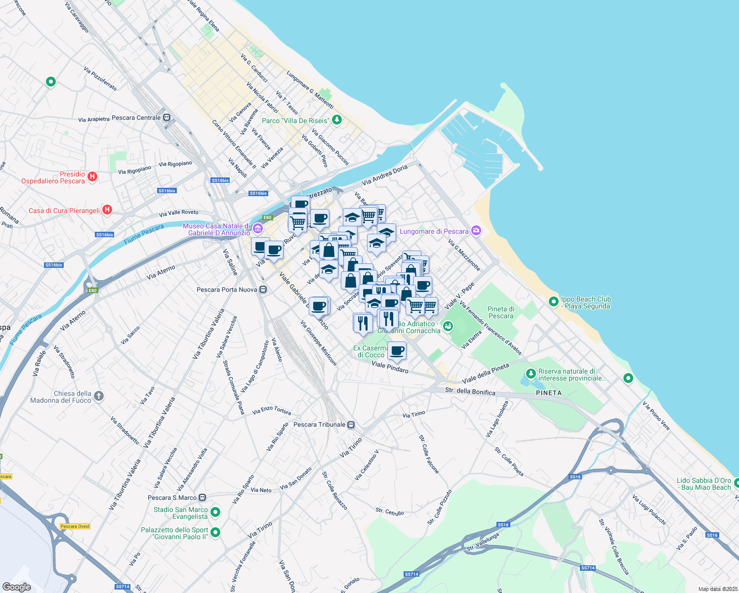 map of restaurants, bars, coffee shops, grocery stores, and more near 229-237 Viale Guglielmo Marconi in Pescara