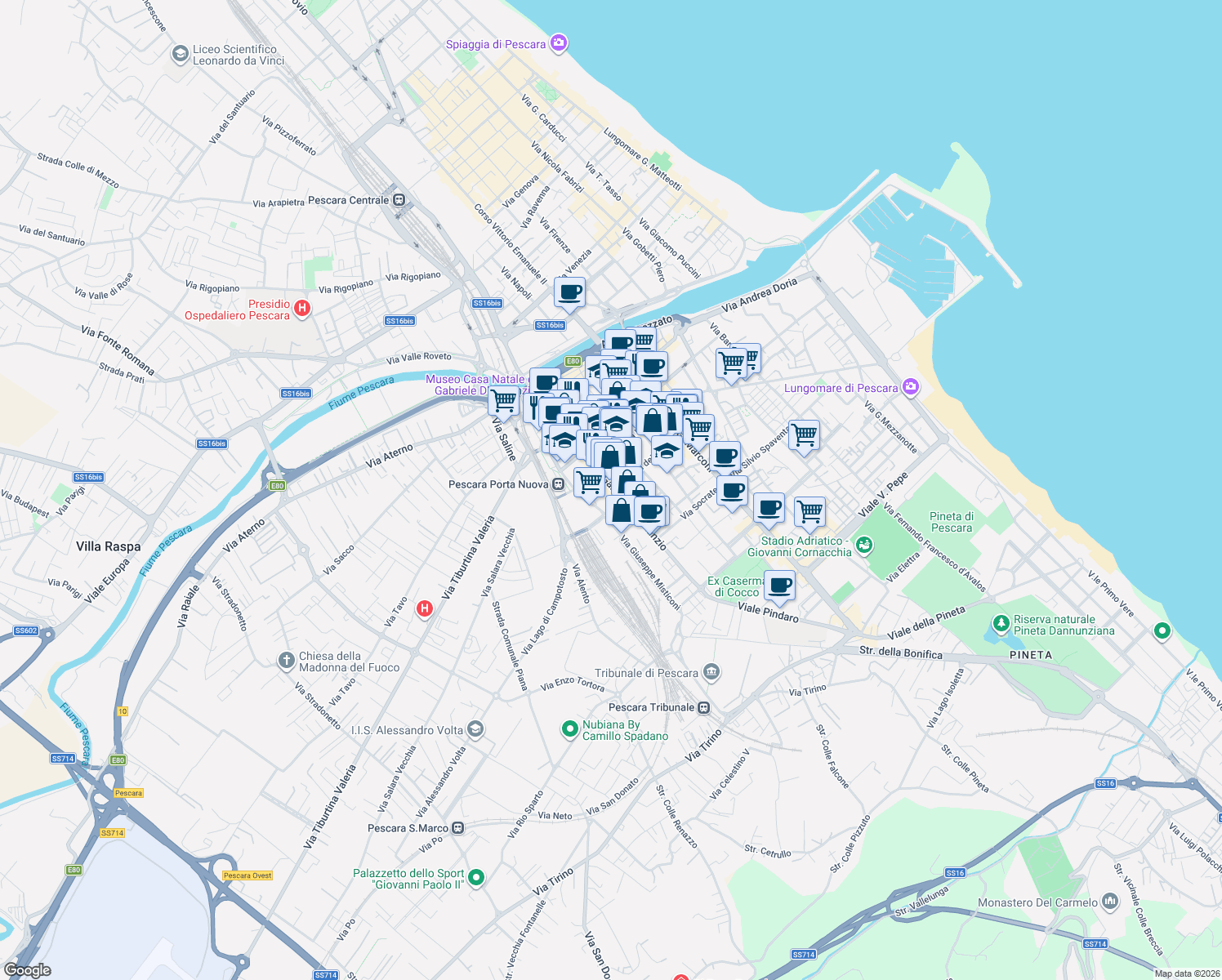 map of restaurants, bars, coffee shops, grocery stores, and more near 164 Viale Gabriele D'Annunzio in Pescara