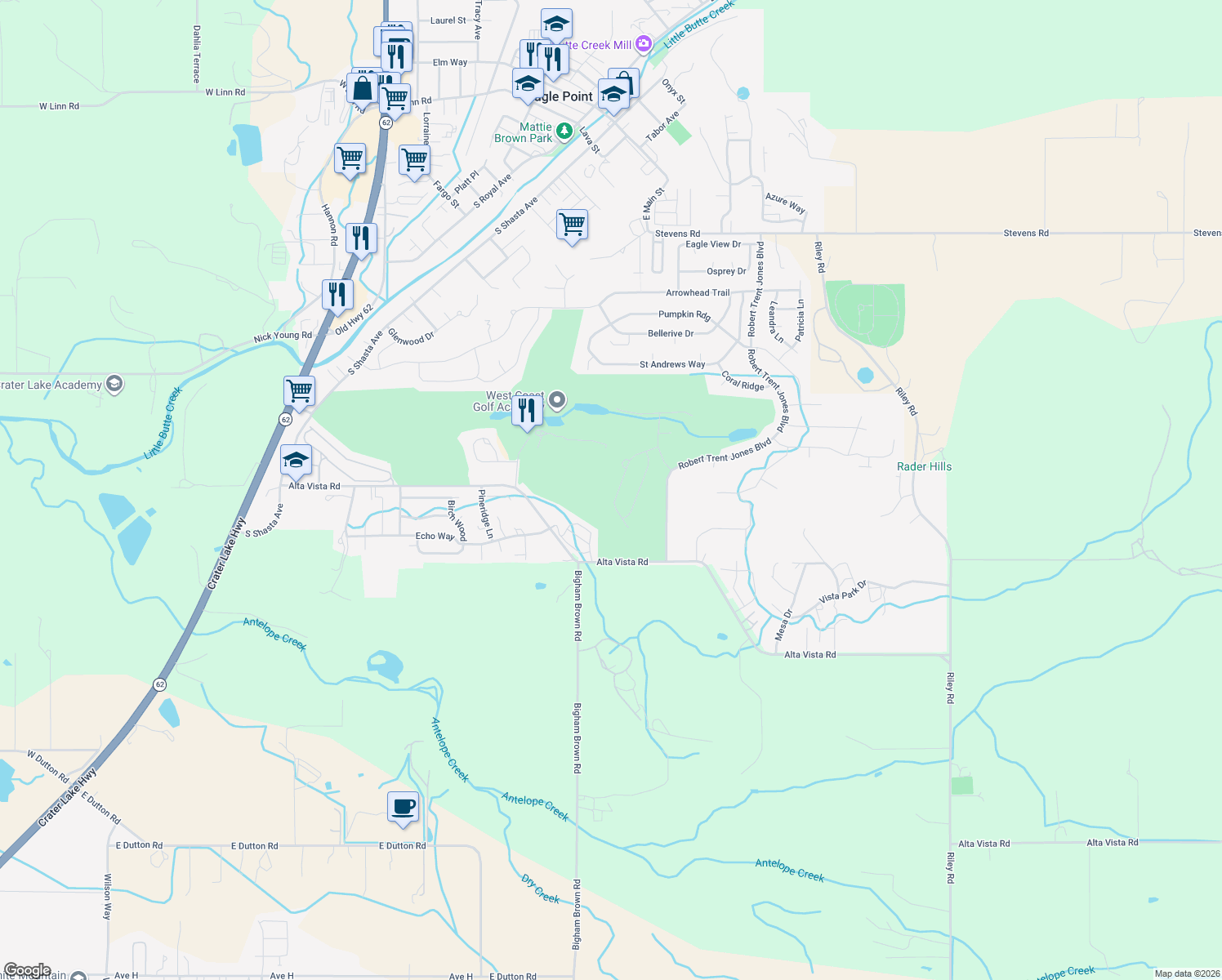 map of restaurants, bars, coffee shops, grocery stores, and more near 198 Prairie Landing in Eagle Point