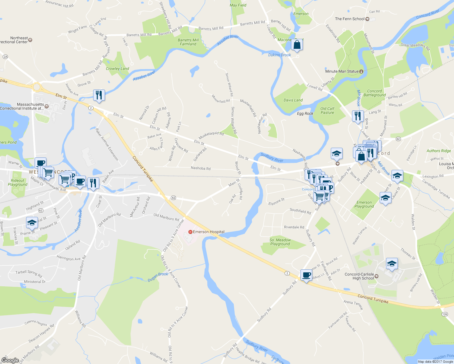 map of restaurants, bars, coffee shops, grocery stores, and more near 602 Main Street in Concord