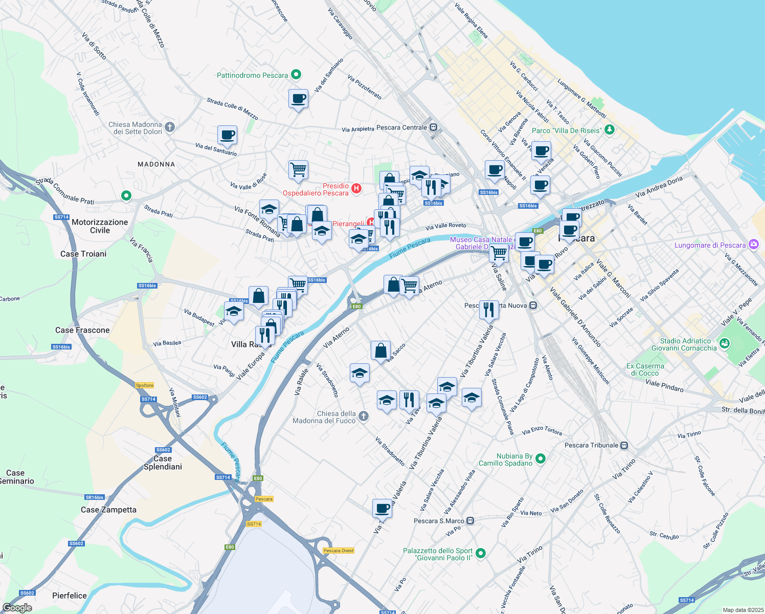 map of restaurants, bars, coffee shops, grocery stores, and more near 260 Via Aterno in Pescara