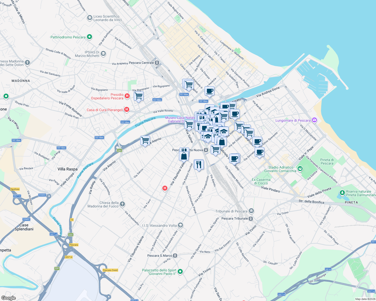 map of restaurants, bars, coffee shops, grocery stores, and more near 28 Via Tiburtina Valeria in Pescara
