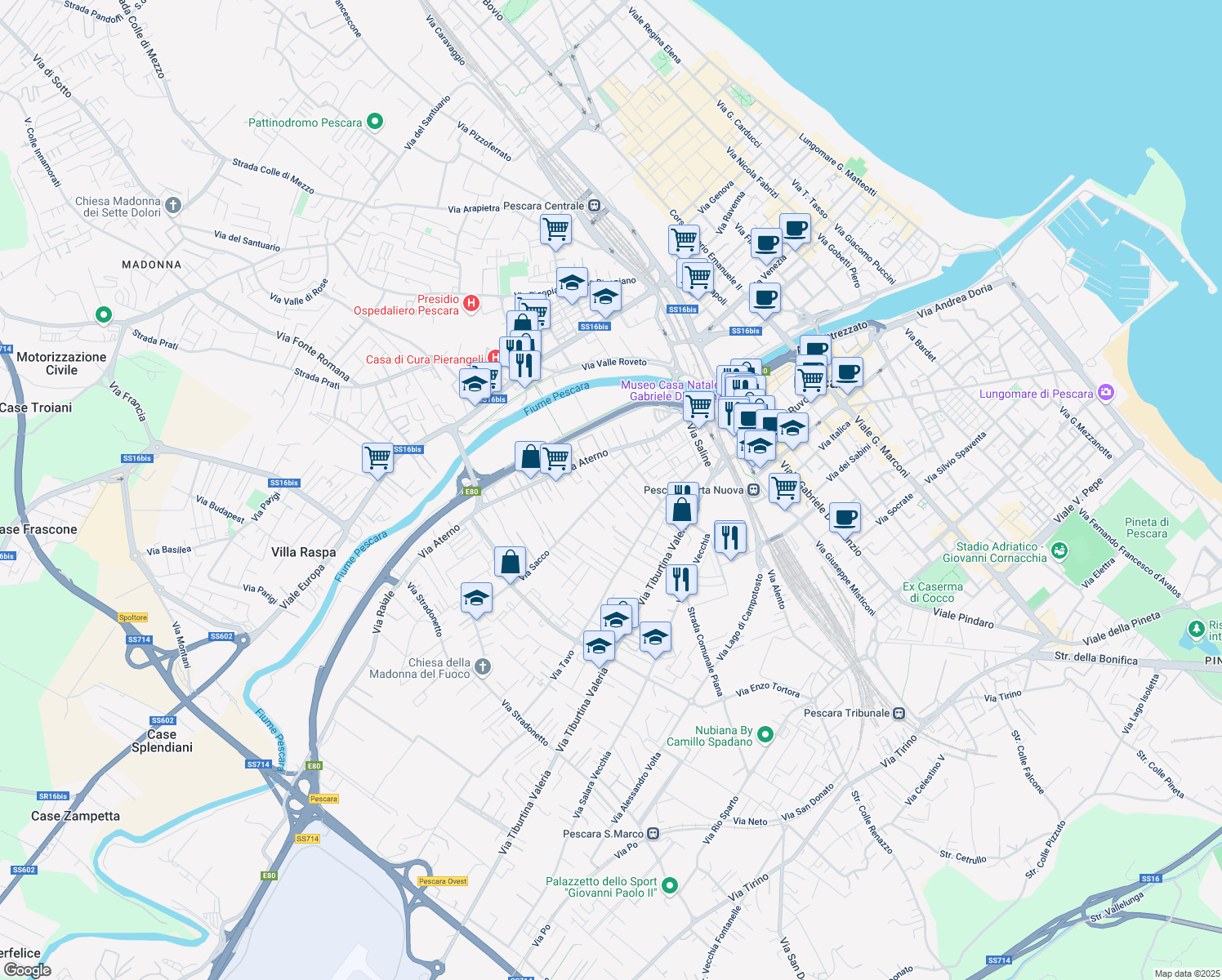 map of restaurants, bars, coffee shops, grocery stores, and more near 11 Via Sacco in Pescara