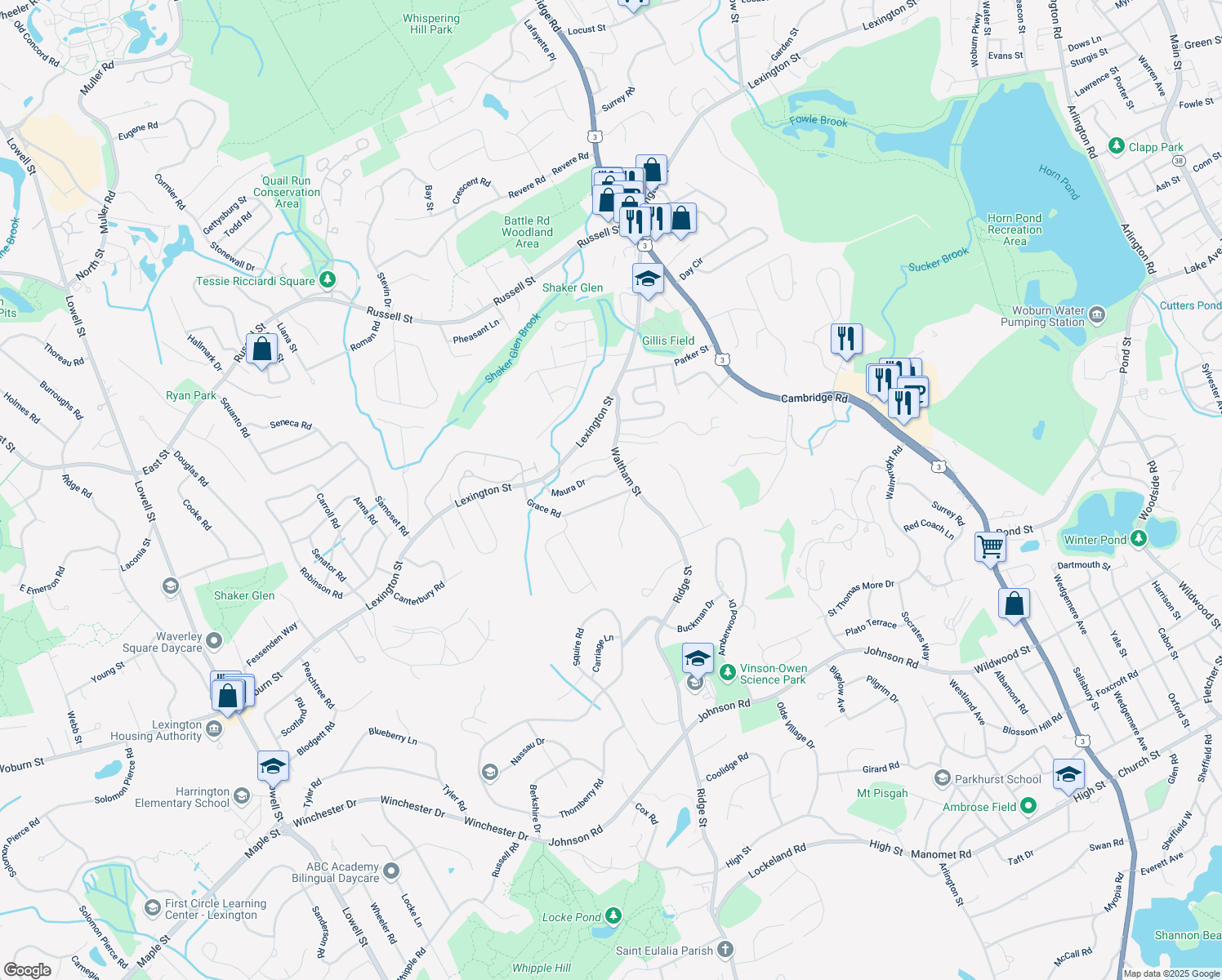 map of restaurants, bars, coffee shops, grocery stores, and more near 26 Grace Road in Woburn