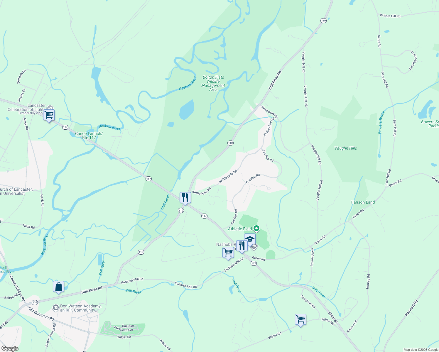 map of restaurants, bars, coffee shops, grocery stores, and more near 54 Kettle Hole Road in Bolton