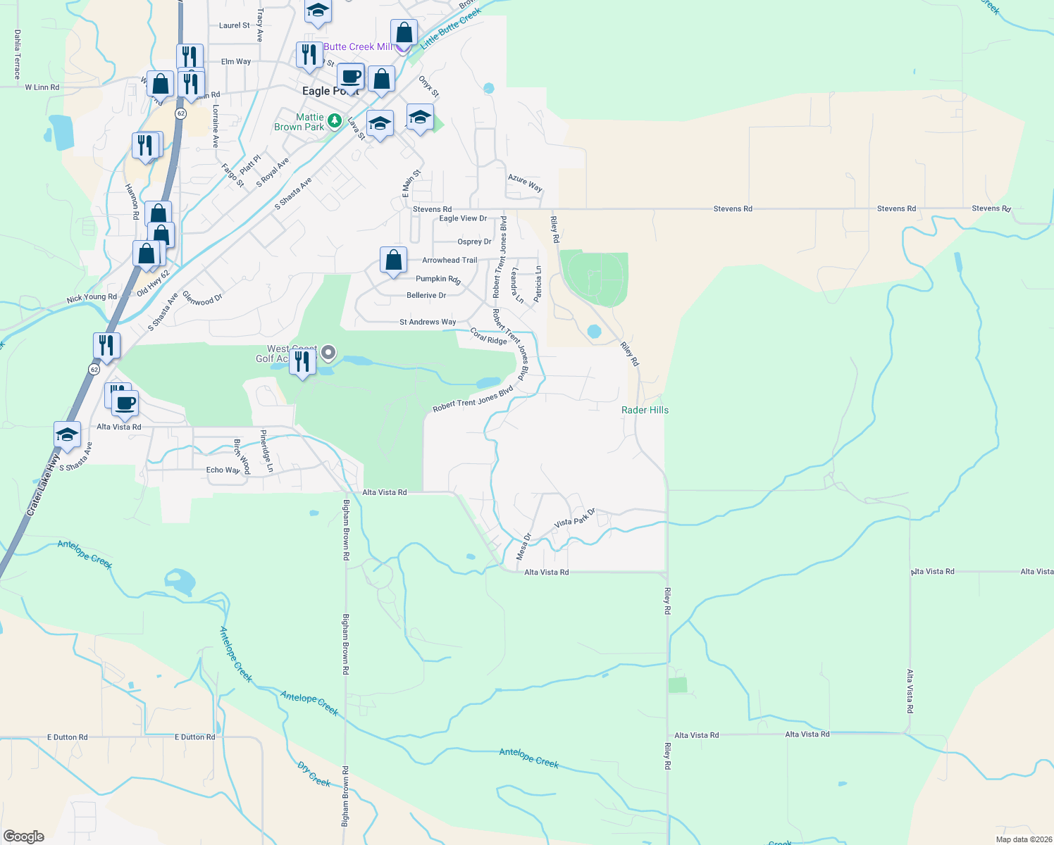 map of restaurants, bars, coffee shops, grocery stores, and more near 463 Quail Run in Eagle Point