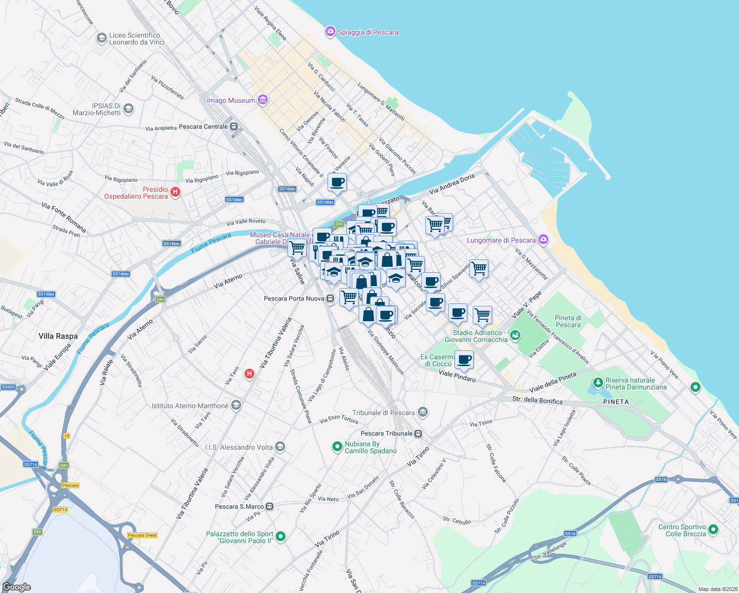map of restaurants, bars, coffee shops, grocery stores, and more near 164 Viale Gabriele D'Annunzio in Pescara