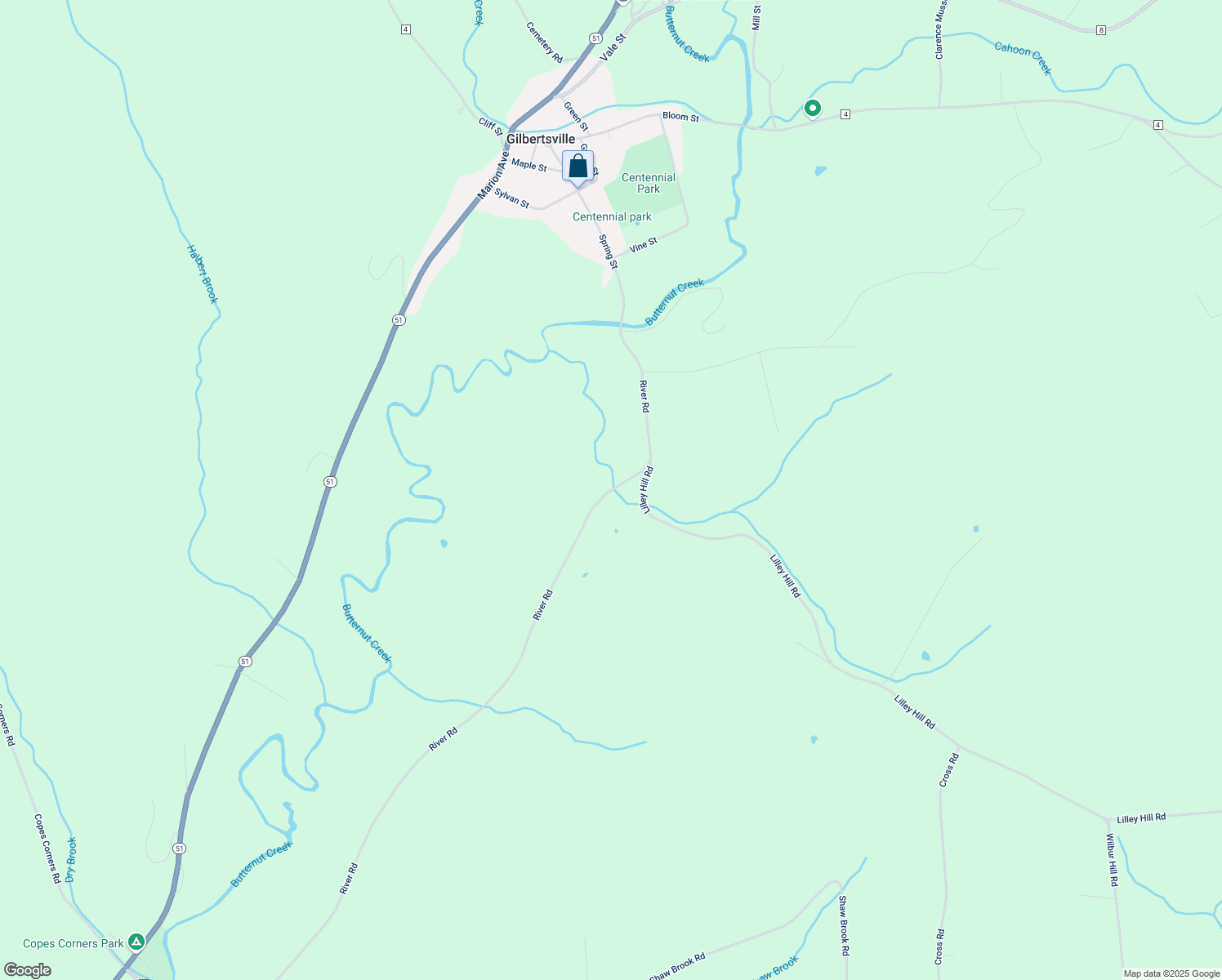 map of restaurants, bars, coffee shops, grocery stores, and more near 1353 River Rd in Gilbertsville